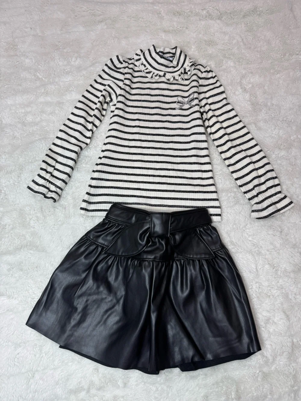 Girls Black & White Stripe Ruffle Mock Neck With Skirt